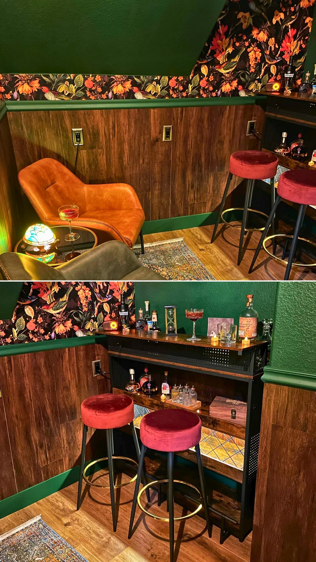 Speakeasy-Style Wet Bar Under Stairs With Cozy Seating And Dark Moody Interior Design